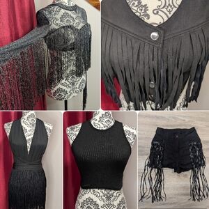 5 Piece Black Fringe Clothing Lot - Romper, Tops, Vest & Shorts- Small/26